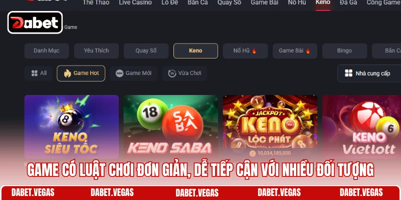 Keno DABET 2 Game có luật chơi đơn giản, dễ tiếp cận với nhiều đối tượng